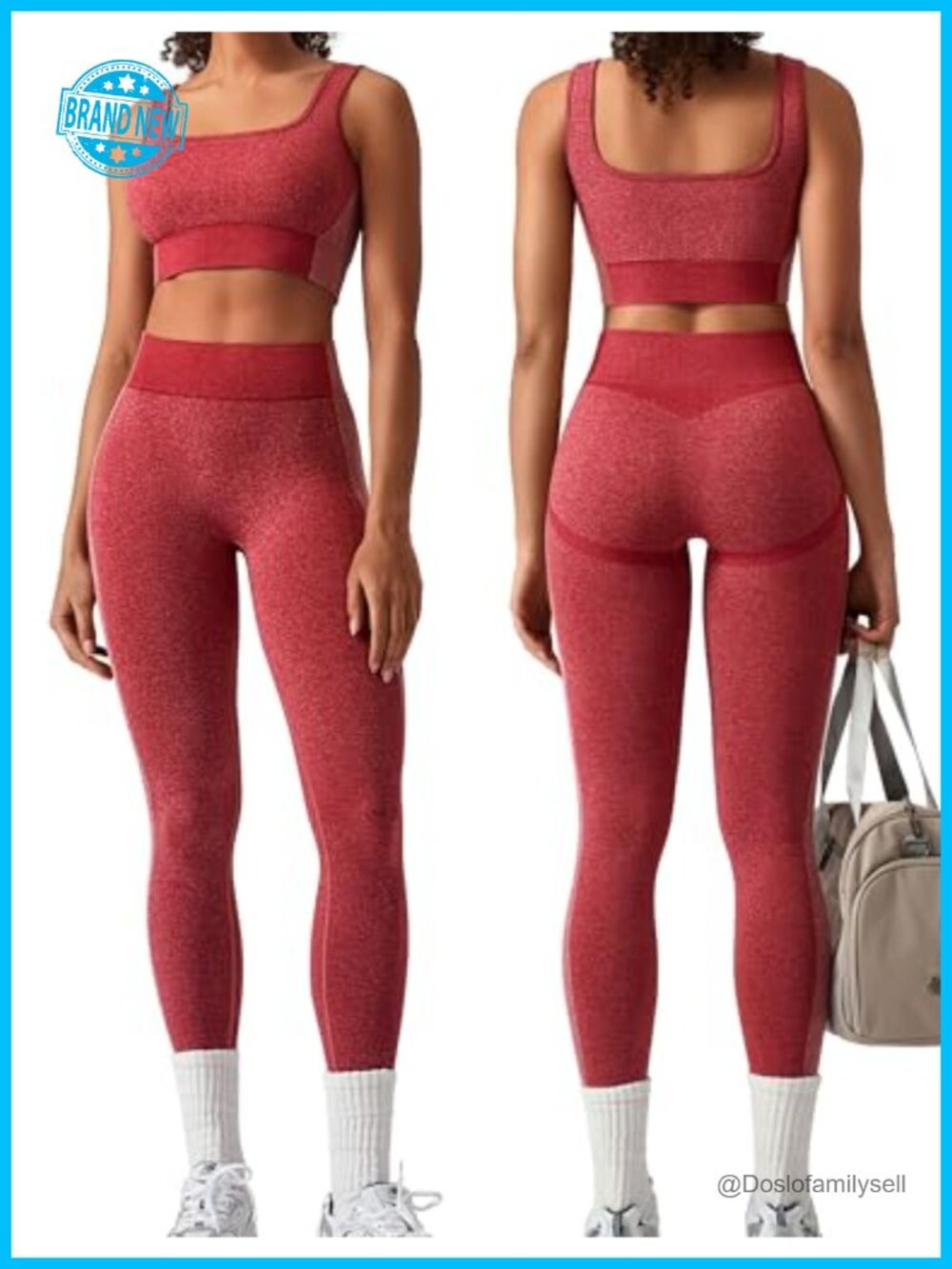 2 Piece Workout Set Square Neck Sports Bra Leggings High Waist Seamless Nylon